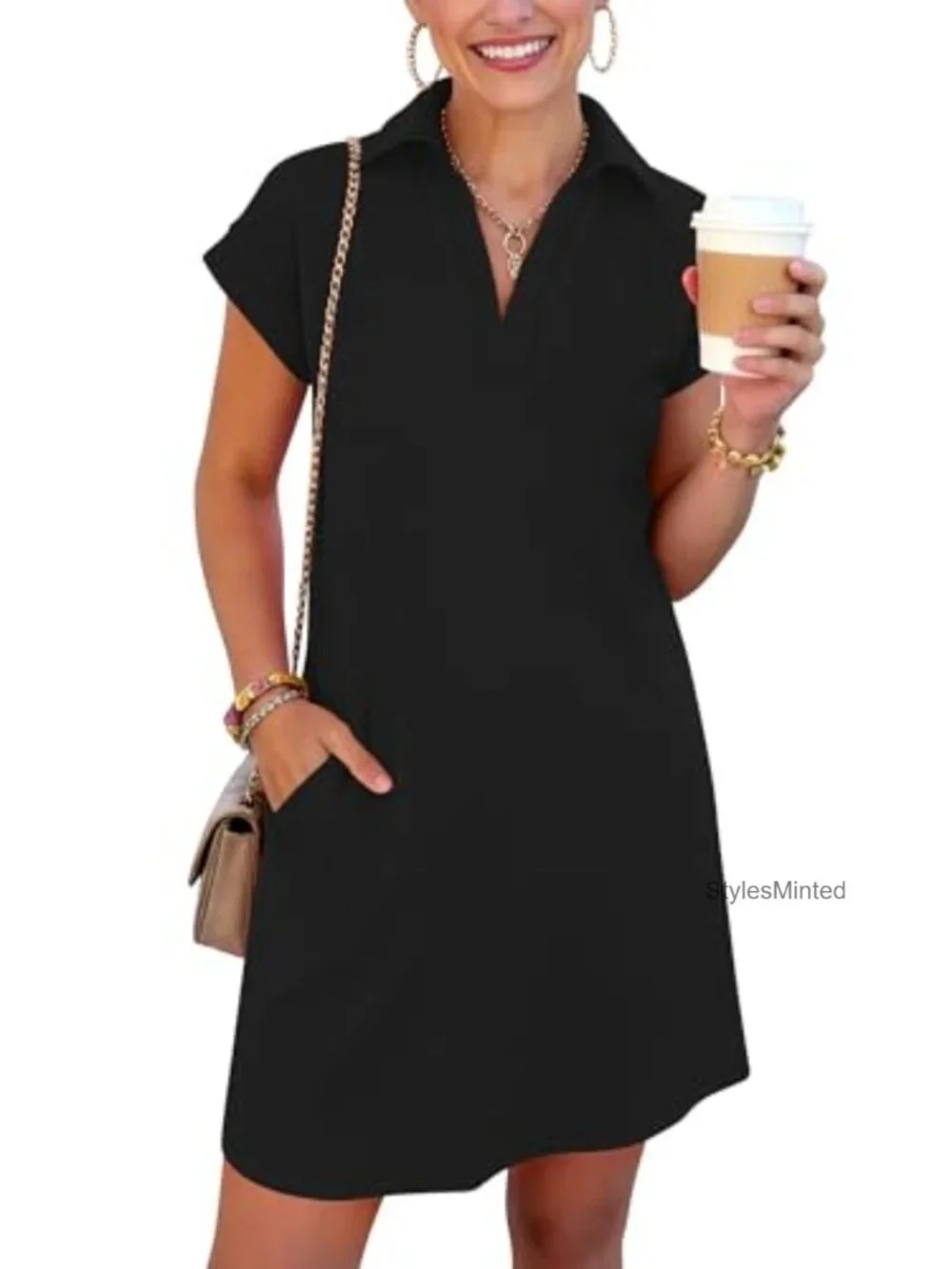 Women's Casual V-Neck Cap Sleeve Mini Dress with Pockets